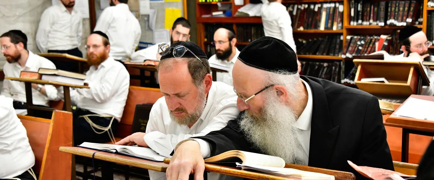 Two senior talmidei chachamim learning together over one gemara